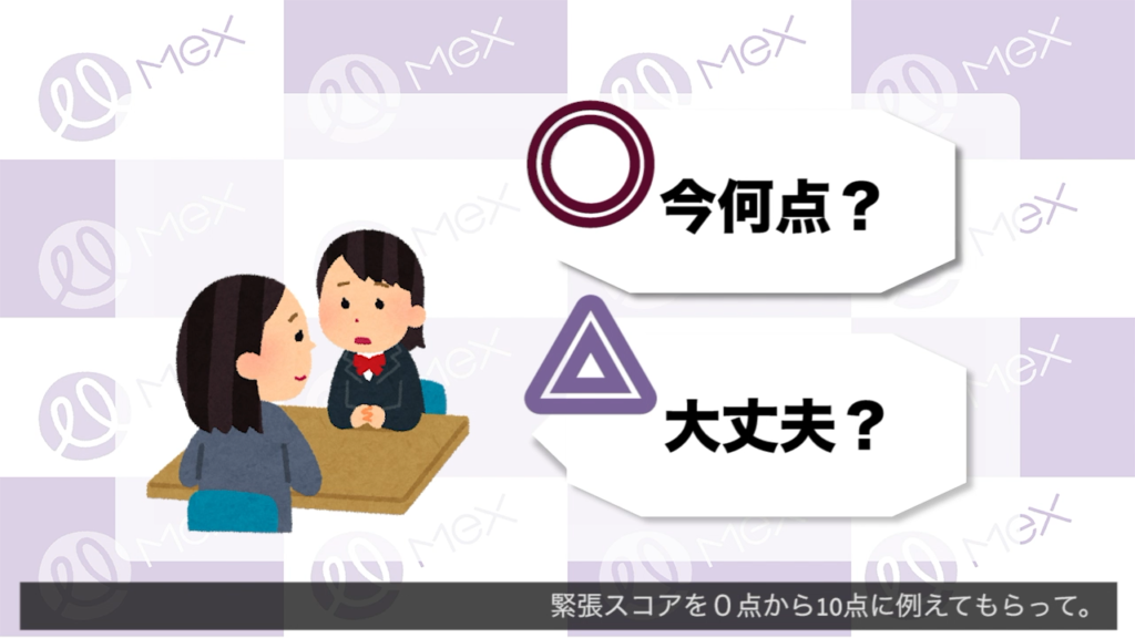 先生が生徒に様子を聞く場合、「大丈夫?」と聞くよりも、「今何点?」と聞いてあげたほうがいい。緊張スコアを0点から10点に例える。
