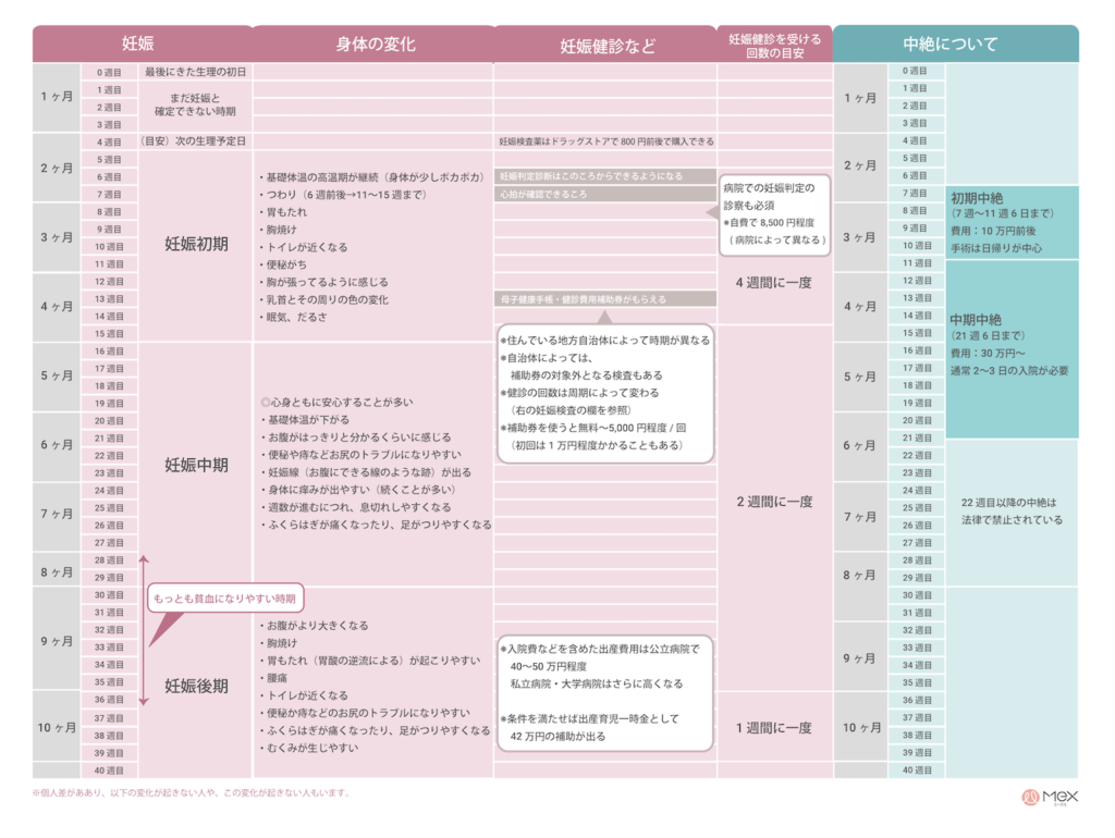 妊娠週数ごとの身体の変化と、妊婦健診や中絶の時期についてまとめた表